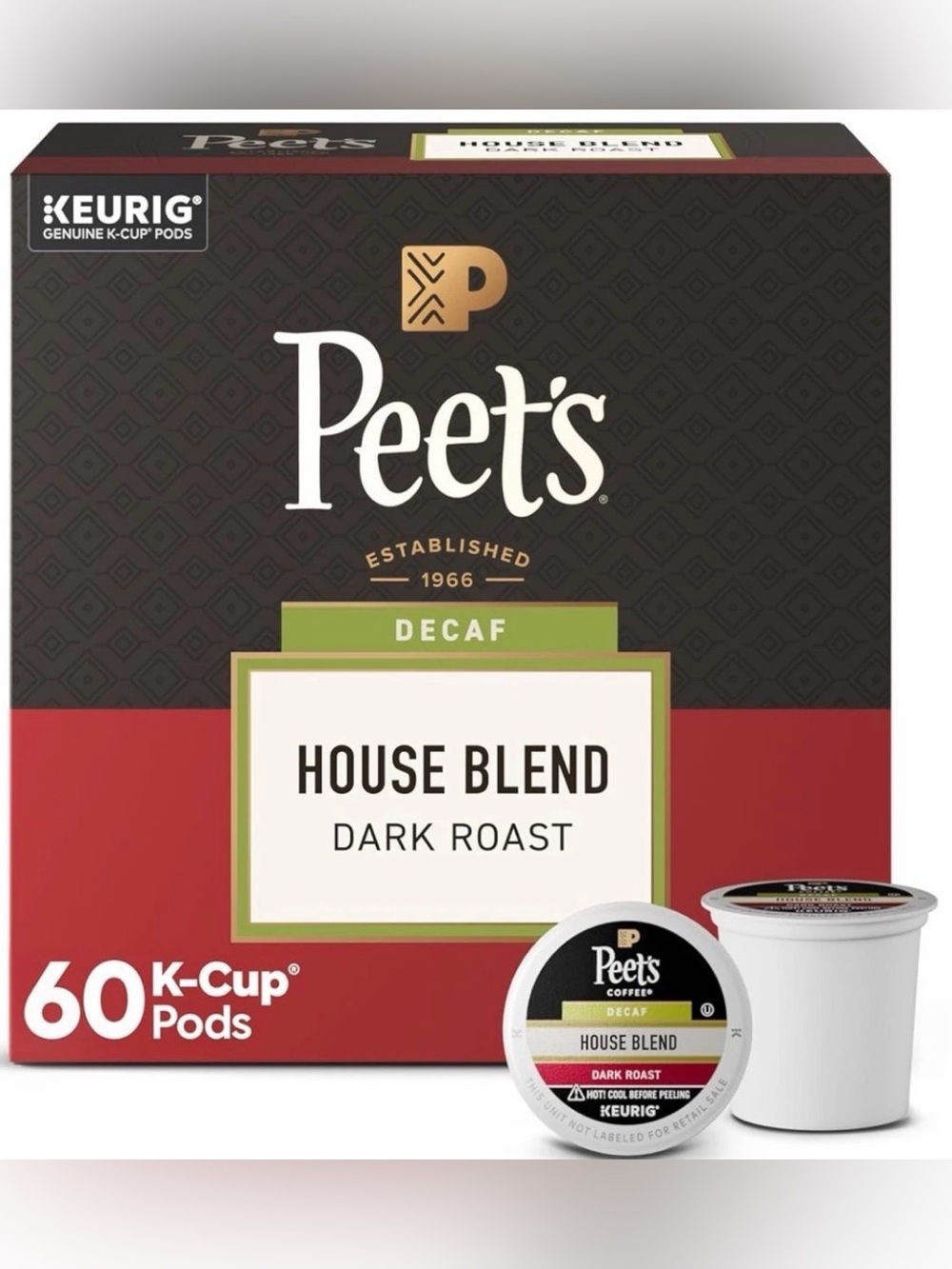 Peet’s Decaf House Blend K Cup Pods 60 Ct Dark Roast Arabica Coffee